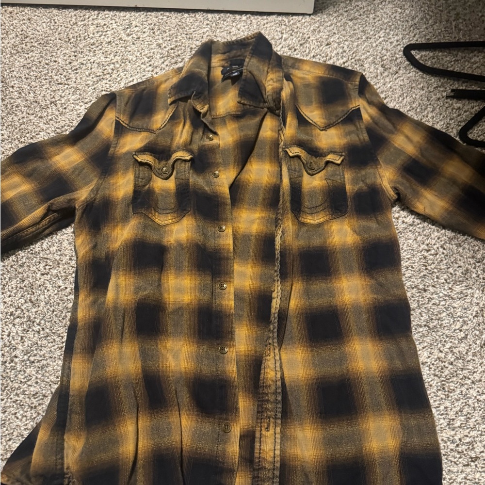 True Religion Black and brown/gold Plaid Flannel